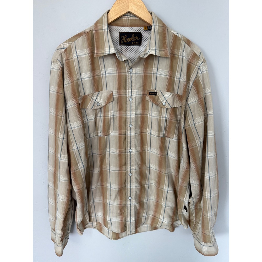 Howler Brothers Mens Gaucho Snap Shirt Tan Brown Plaid Pearl Snap Vented LS L